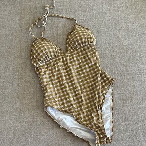 J. Crew Mustard Yellow and White Gingham One-Piece Swimsuit